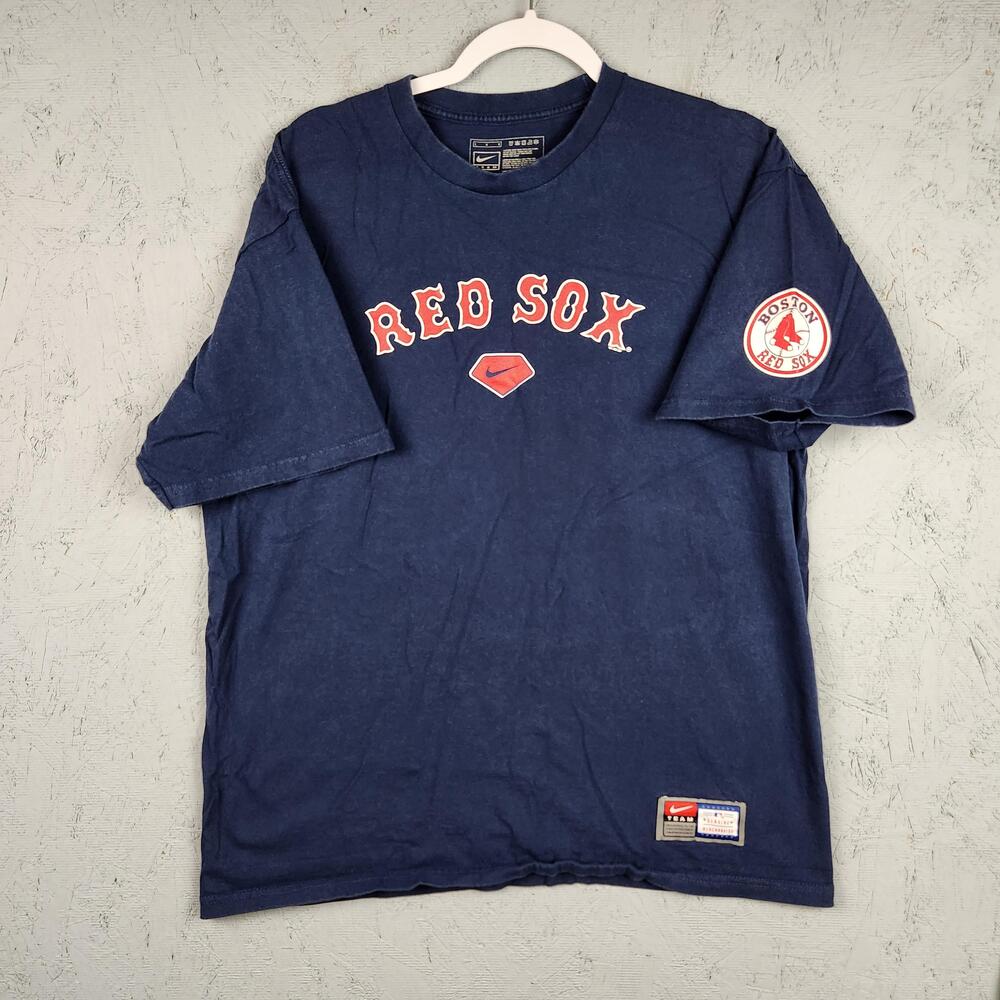 Boston Red Sox Shirt Mens Large Blue MLB Baseball Nike Center Graphic Logo Patch